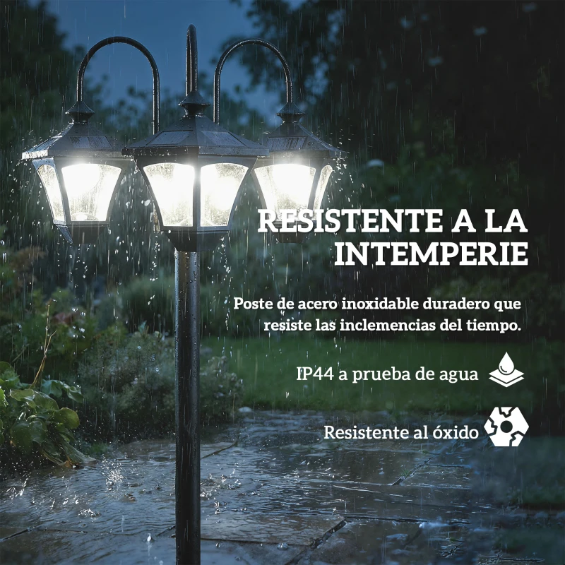 Outsunny Farola Solar Exterior de Jardín con Macetero 3 Cabezales Impermeable Encendido/Apagado Automático y Altura Ajustable