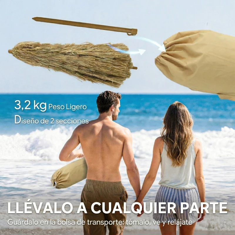 Outsunny Sombrilla de Playa con Flecos de Paja Ø178 cm con Inclinación Altura Ajustable UV50+ Bolsa de Transporte Marrón Claro