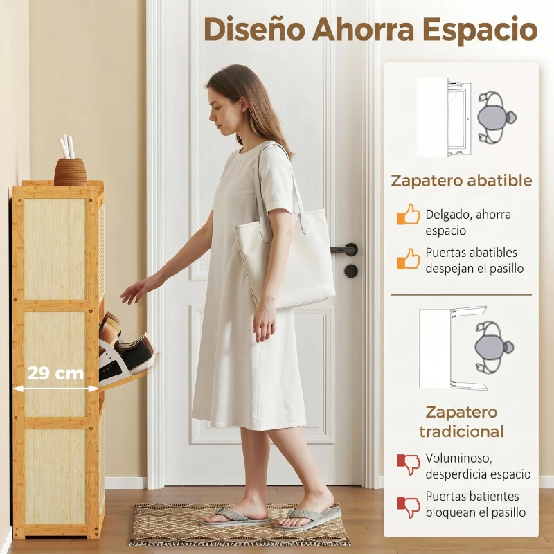 HOMCOM Zapatero Estrecho de Bambú con 3 Cajones Abatibles de Ratán para 18-21 Pares de Zapatos 69x29x119,8 cm Natural