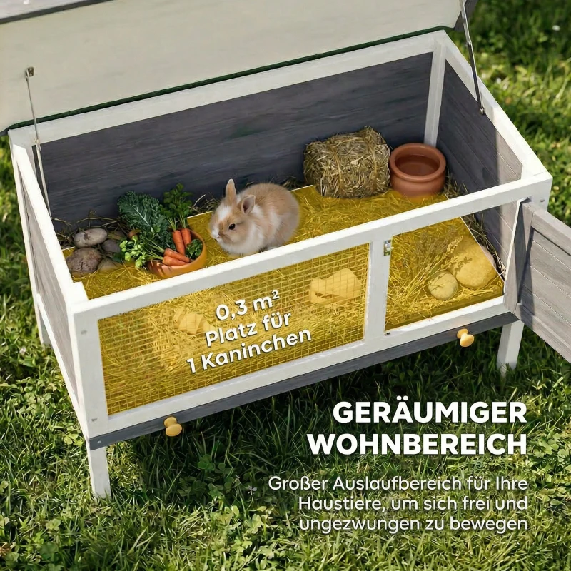 PawHut Hasenstall erhöhter Kaninchenstall aus Holz mit aufklappbar Bitumendach herausziehbarer Schublade 90x45x65 cm Grau