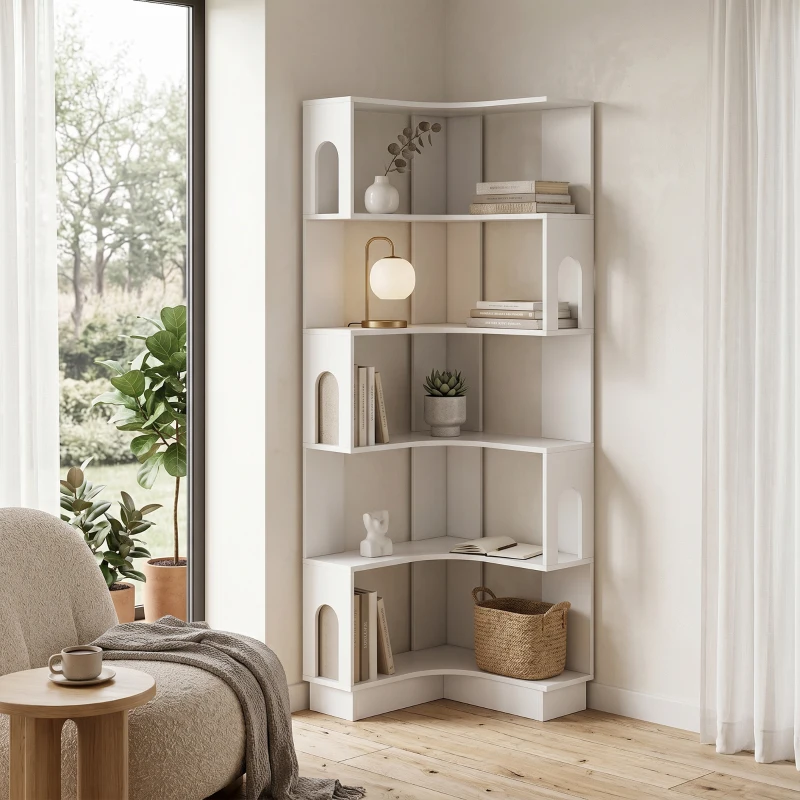 HOMCOM Bibliotecă de colț, etajeră de depozitare cu 6 niveluri și panouri laterale arcuite, 60 x 60 x 165,5 cm, alb