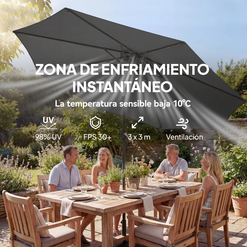 Outsunny Sombrilla Terraza Exterior 3x3m con Base Bolsa de Arena Manivela Inclinación Costillas Retráctiles Gris Oscuro
