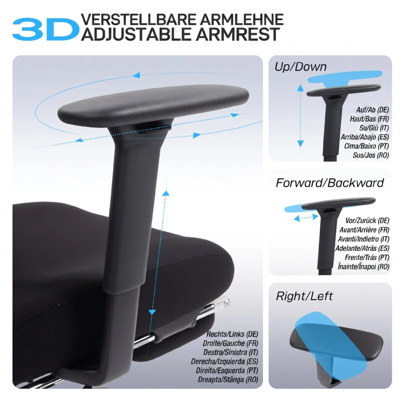 HOMCOM Scaun de Birou Ergonomic și Respirabil cu Suport Lombar Dinamic și Suport pentru Picioare, 73x75x120-128 cm, Negru