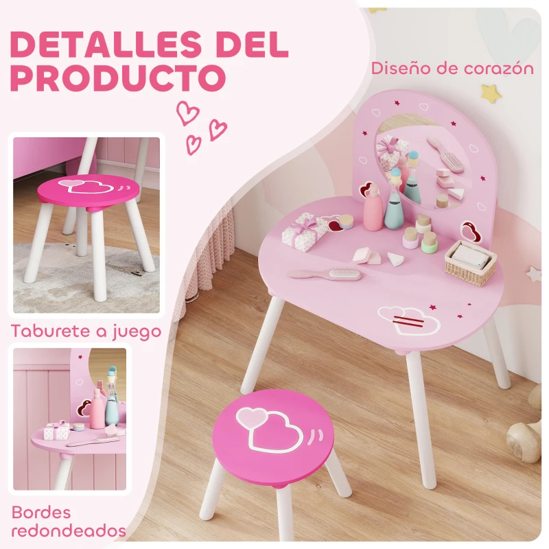 AIYAPLAY Tocador Infantil con Taburete y Espejo Tocador para Niñas con Dibujos de Corazones para Niños y Niñas de 3-6 Años Rosa