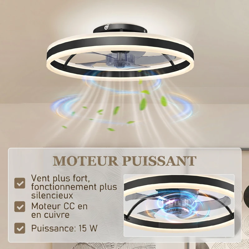 HOMCOM Ventilateur de plafond avec lumière et télécommande, plafonnier ventilateur 50 cm avec 6 vitesses, noir