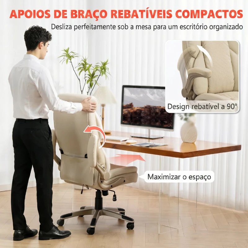 HOMCOM Cadeira de Escritório com Massagem Vibratória de 4 Pontos Aquecimento Lombar Apoios de Braços Rebatíveis Encosto Alto Altura Ajustável Creme