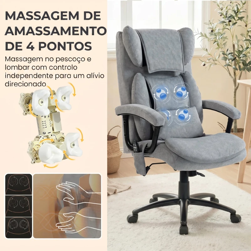 HOMCOM Cadeira de Escritório com Massagem de Amassamento em 4 Pontos Encosto Alto Altura Ajustável Assento Amplo Almofada Lombar Cinzento