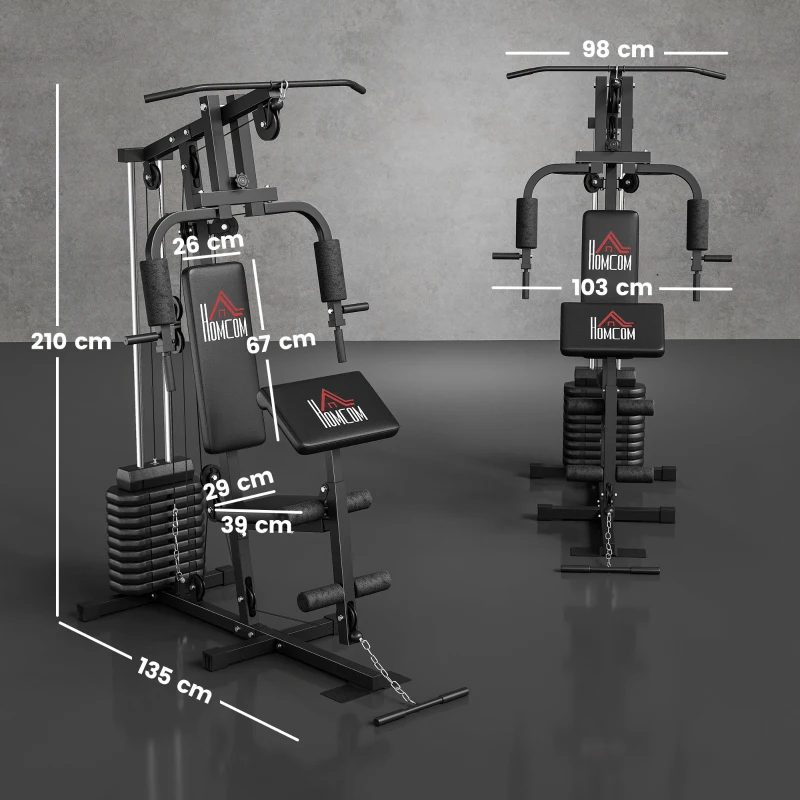 HOMCOM Máquina de Musculación con Pesas Ajustables de 45 kg Prensa de Pecho y Piernas Polea 135x103x210 cm Negro