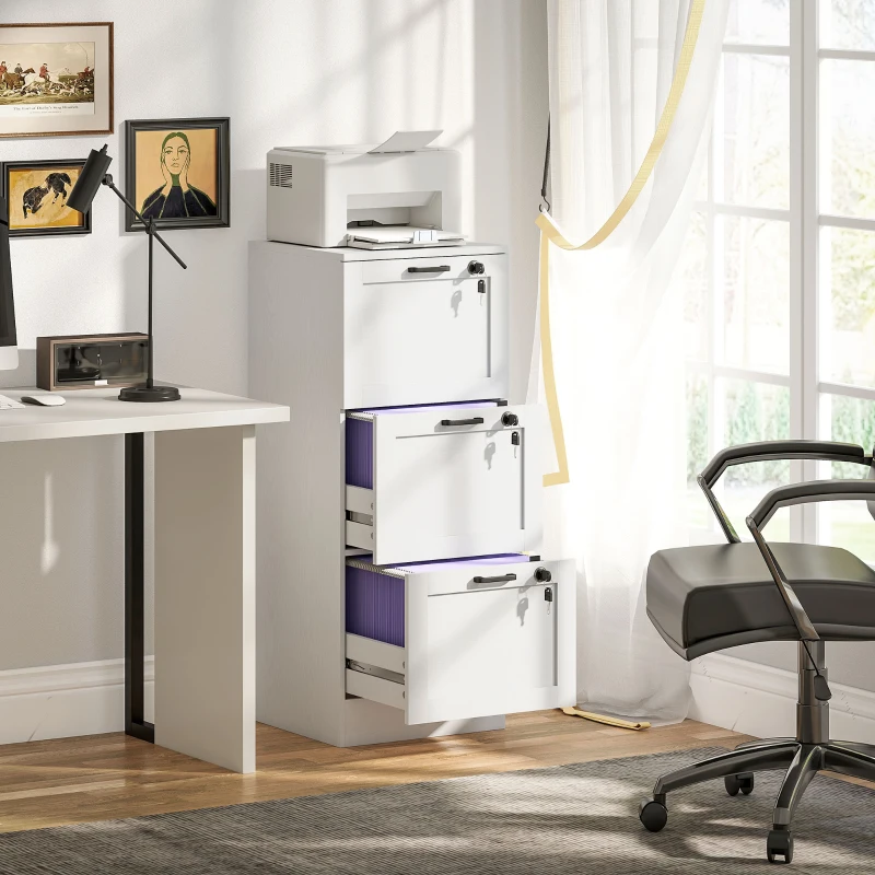 HOMCOM 3-Drawer Filing Cabinet with Lock - White