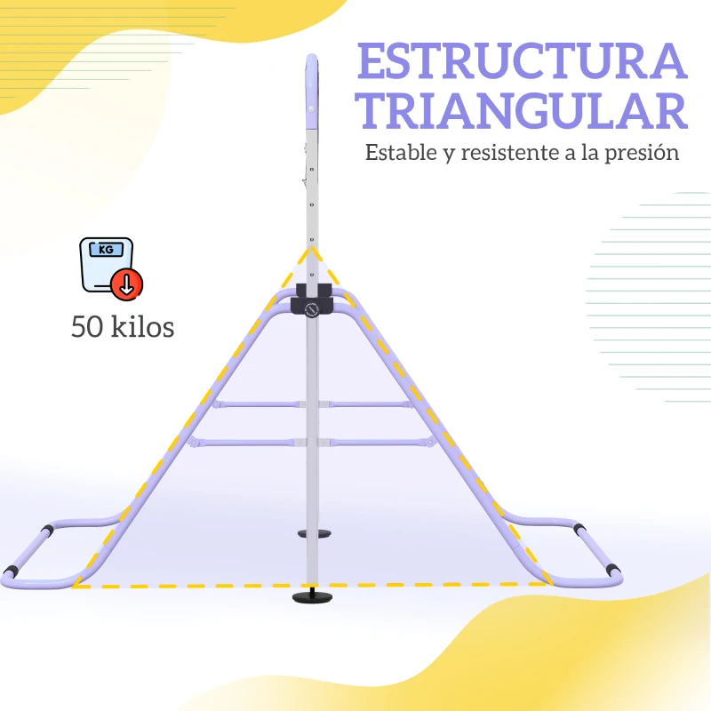 HOMCOM Barra de Gimnasia para Niños Altura Ajustable en 5 Niveles y Anillos Entrenamiento de Gimnasia Plegable en Casa Púrpura