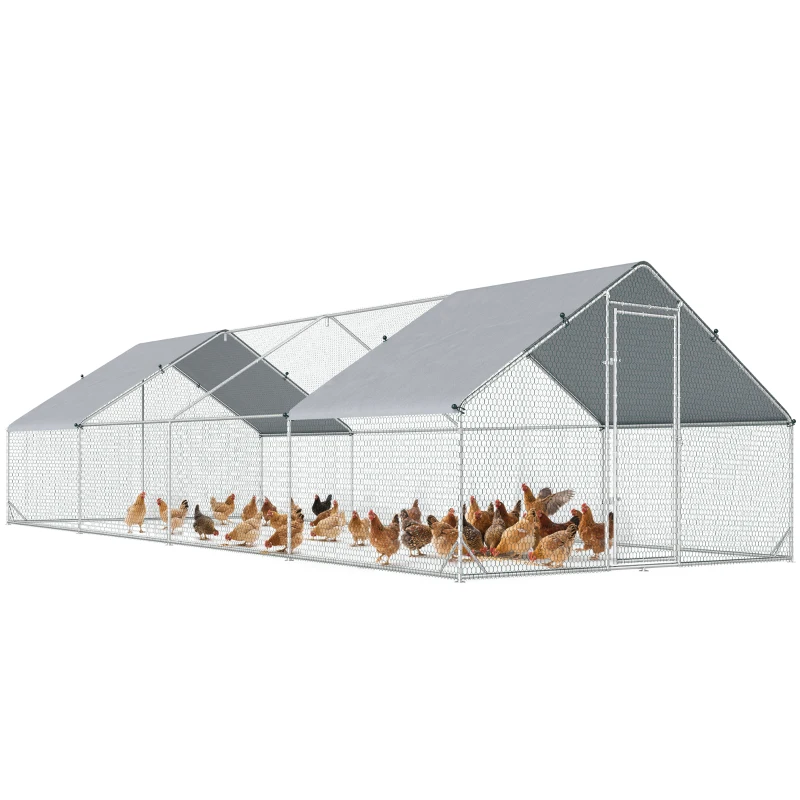 PawHut Chicken Run Galvanised Walk-in Chicken Coop Hen Poultry House Cage Rabbit Hutch with Water-Resist Cover, 3 x 8 x 2m