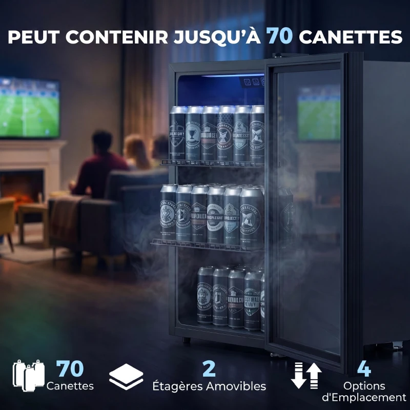 HOMCOM Réfrigérateur à boissons 70L et 70 canettes, petit frigo silencieux, porte en verre trempé, étagères réglables, noir