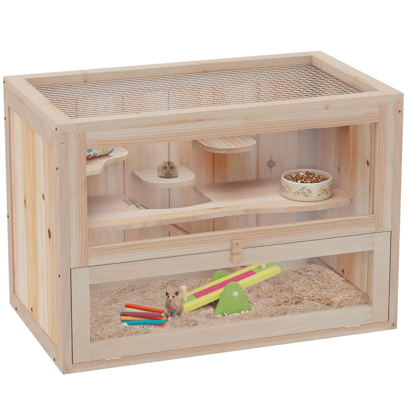 PawHut Hamsterkäfig aus Holz 2 Etagen 60 x 35 x 42 cm Nagerkäfig Kleintierkäfig mit aufklappbarem Gitterdach Trinkflasche Rampe Wippe Fütterungsstation Mäusekäfig für Zwerghamster Naturholz