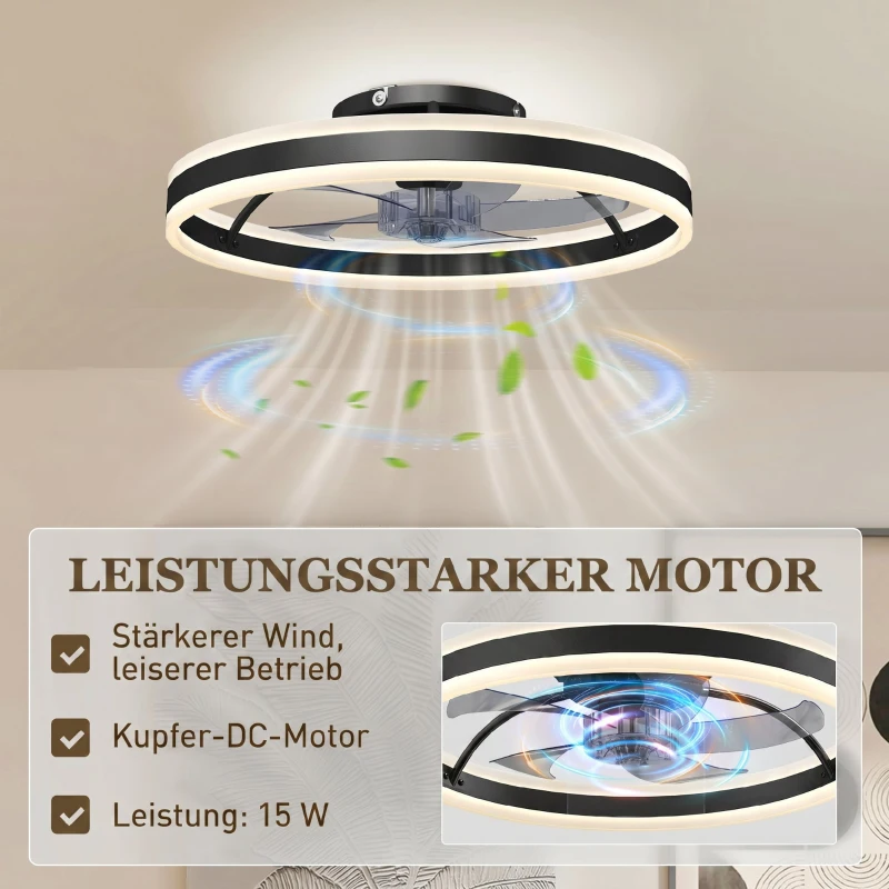 HOMCOM Deckenventilator mit Licht und Fernbedienung, LED-Deckenventilator mit 3 Farbtemperaturen, 6 Geschwindigkeiten, 50 cm