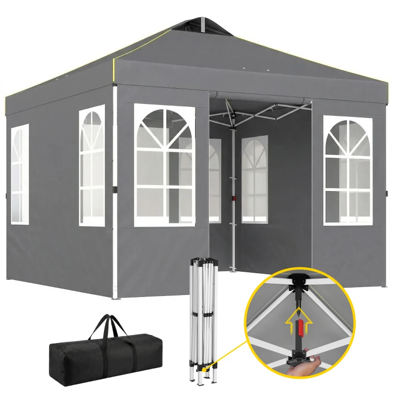 Outsunny Tenda Dobrável 3x3 m Pop-up com UPF50+, 4 Laterais Removíveis, Altura Ajustável e Bolsa de Transporte - Cinzento Escuro