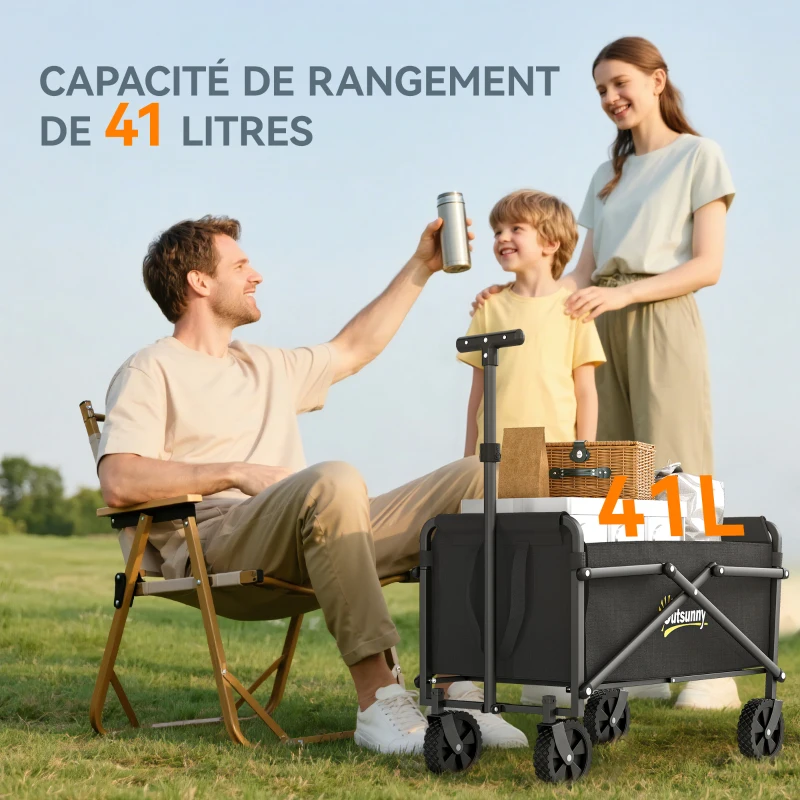 Outsunny Chariot de jardin chariot de transport à roulettes avec poignée réglable, avec sacs de transport 64 x 40 x 60-84 cm noir