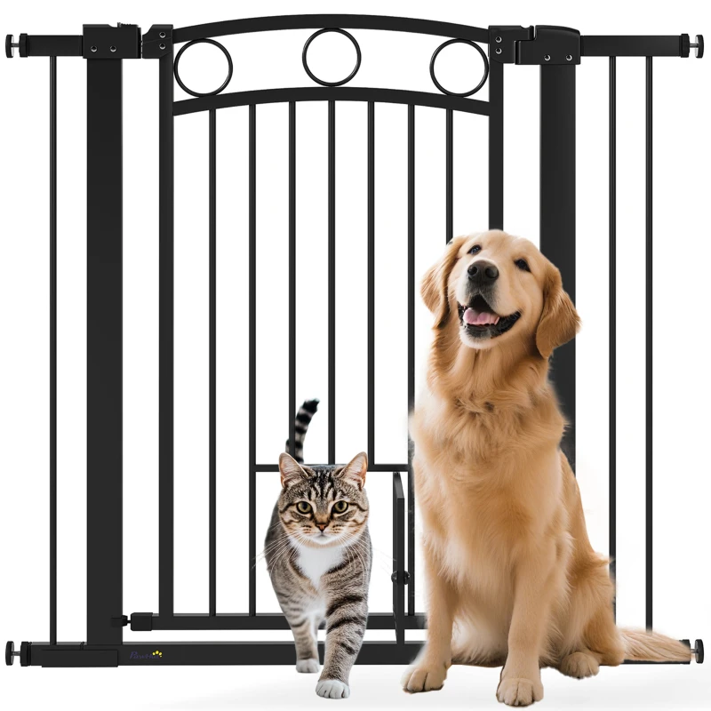PawHut Haustiertor, 96 cm Treppengatter, verstellbare Breite 76-104 cm, mit Katzentür, für Treppen und Türöffnungen, Schwarz