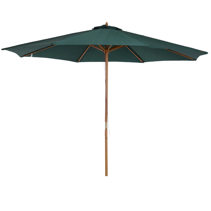 Outsunny Ombrellone da Giardino 3x2.5 m con Apertura a Corda, 8 Stecche, in Legno e Poliestere Verde Scuro