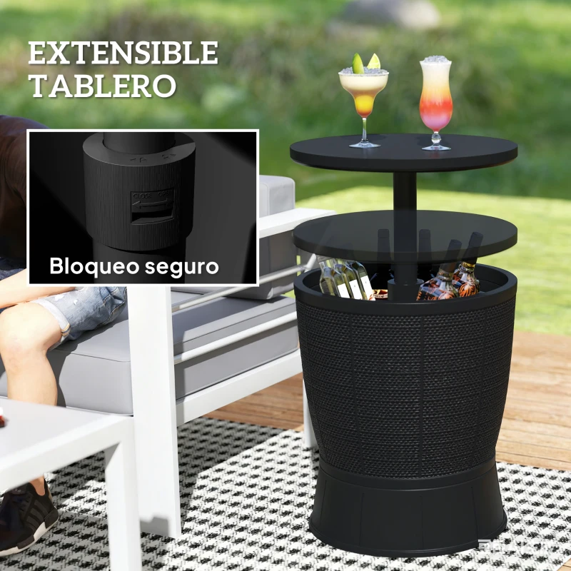 Outsunny Mesa Nevera para Exterior 41 L 3 en 1 Cool Bar Mesa Auxiliar con Altura Ajustable Cubo de Hielo Tapa Elevable Negro