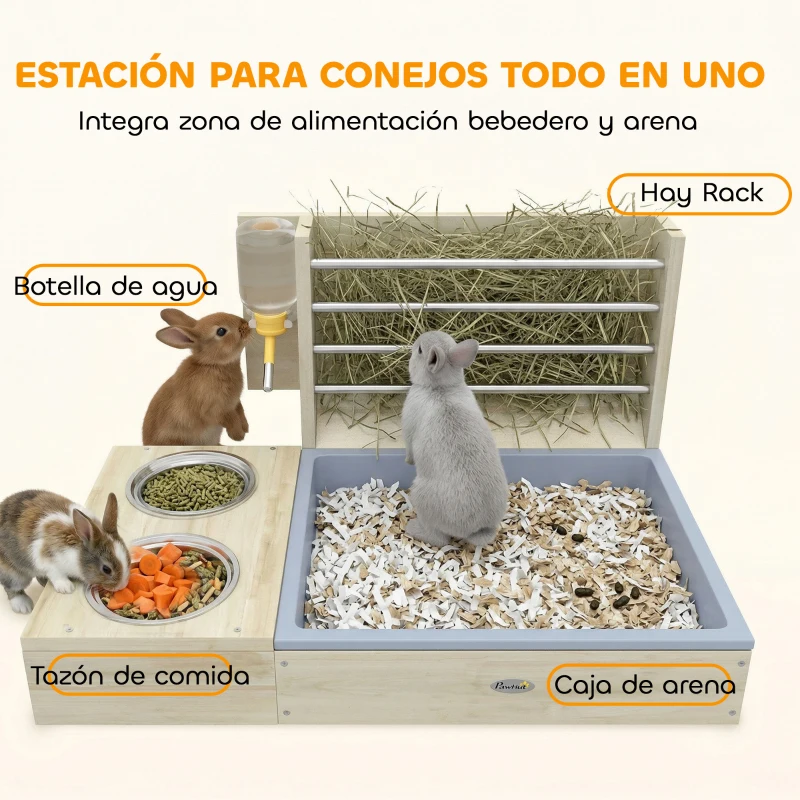 PawHut Comedero de Heno de Conejos con Bandeja Alimentador de Heno de Madera con Cuenco de Acero Inoxidable y Botella de Agua