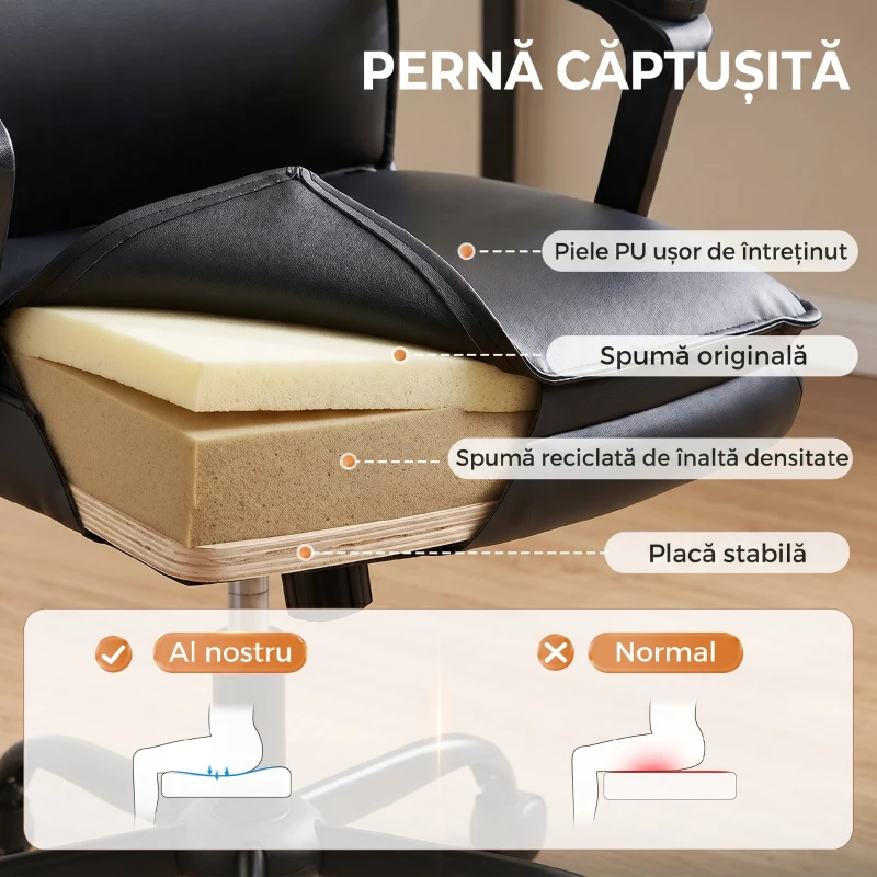 HOMCOM Scaun de Birou Rotativ din Piele PU, Funcție Legănare, Spătar Înalt, Reglabil pe Înălțime, Suportă 120 kg, Negru