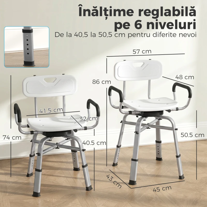 HOMCOM Scaun de Duș Rotativ Reglabil pe Înălțime cu Brațe, Spătar, Capacitate 150 kg, Alb