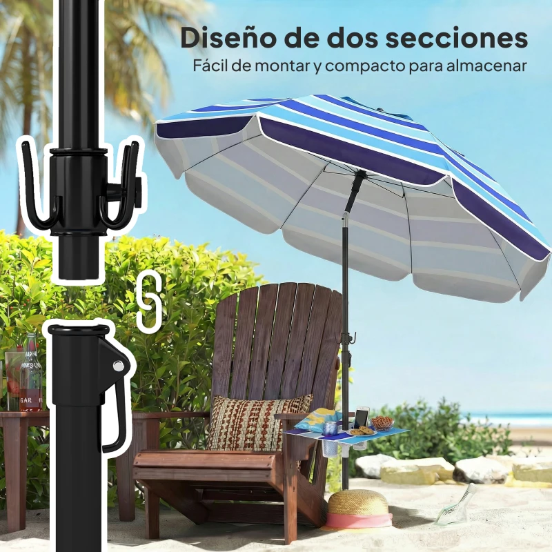 Outsunny Sombrilla de Playa con Mesa Plegable y Portavasos Ø198 cm Altura Ajustable Inclinación Bolsa de Transporte Multicolor