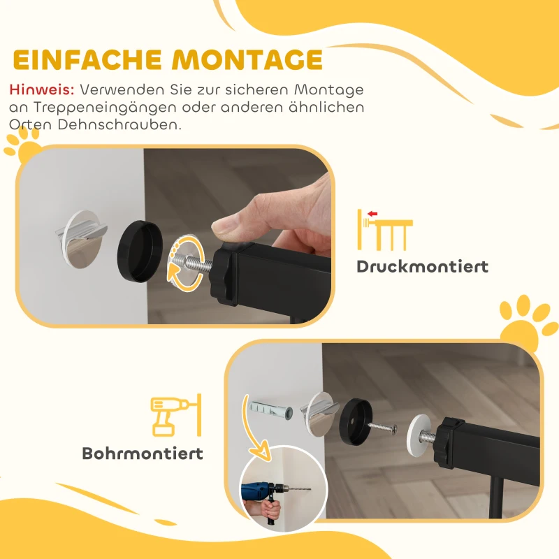 PawHut Haustiertor, 96 cm Treppengatter, verstellbare Breite 76-104 cm, mit Katzentür, für Treppen und Türöffnungen, Schwarz