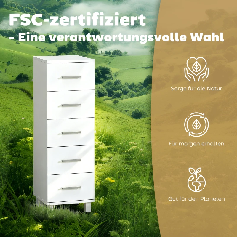 HOMCOM Badezimmerschrank Schmaler Badschrank mit 5 Schubladen für Badezimmer  30 x 30 x 95 cm Weiß