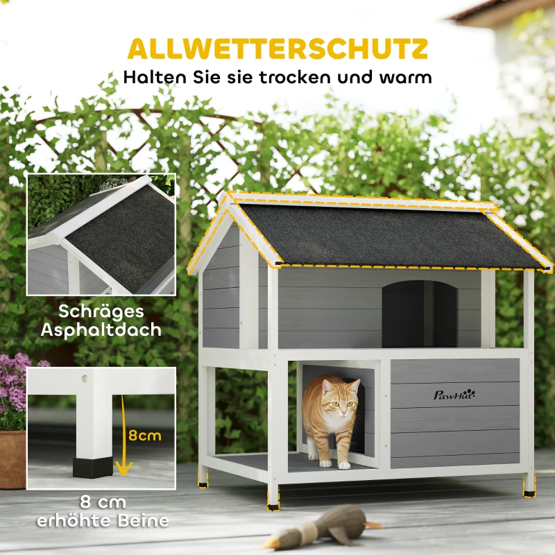 PawHut Outdoor-Katzenhaus, Katzenzuflucht für den Außenbereich, wasserfest, aufklappbares Dach, Fichtenholz, 80 x 93 x 95, Grau