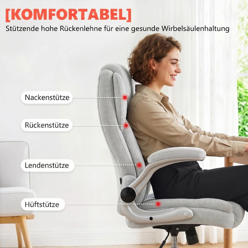 Scaun Ergonomic HOMCOM, Spătar Înalt, Tapițat în Catifea Imprimată, Cotiere Rabatabile, Alb Crem