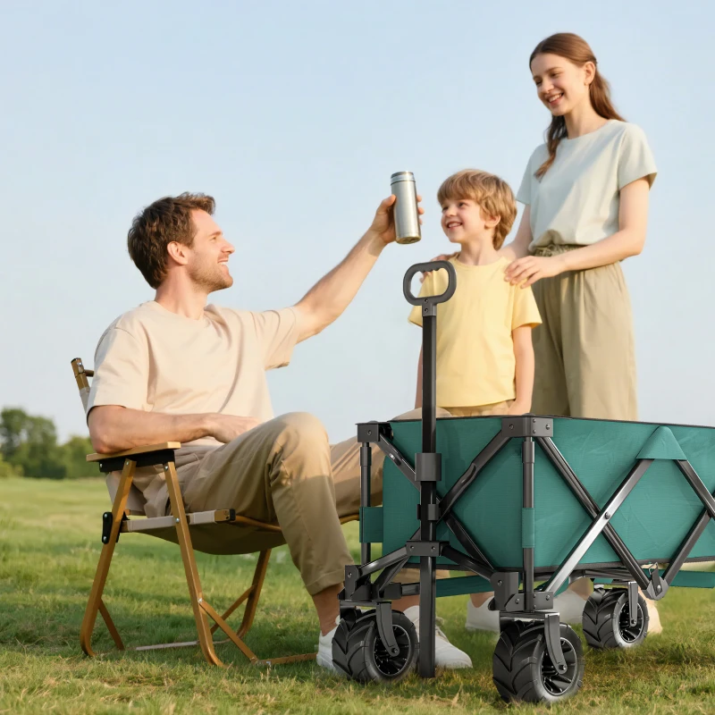 Outsunny Outdoor Folding Garden Trolley on Wheels - Pull Along Camping Cart, Cargo Wagon Trailer with Telescopic Handle and Big Wheels for Beach Garden, Green