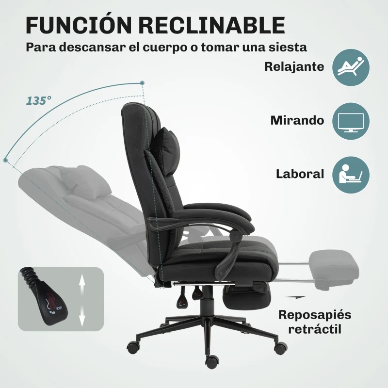Vinsetto Silla de Escritorio Reclinable con Altura Ajustable Reposapiés Reposacabezas y Reposabrazos 66x76x112-120 cm Negro