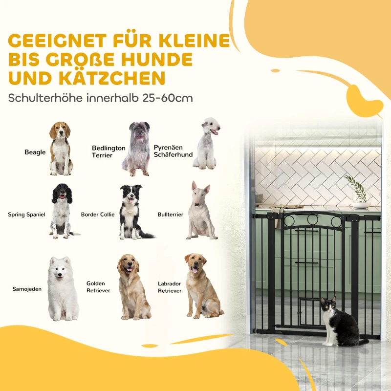 PawHut Haustiertor, 96 cm Treppengatter, verstellbare Breite 76-104 cm, mit Katzentür, für Treppen und Türöffnungen, Schwarz
