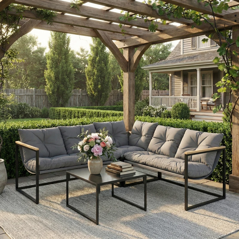 Outsunny Conjunto de Jardim Exterior com Almofadas Espessas, 2 Sofás de 2 Lugares, Sofá de Canto e Mesa de Centro com Vidro, Cinzento