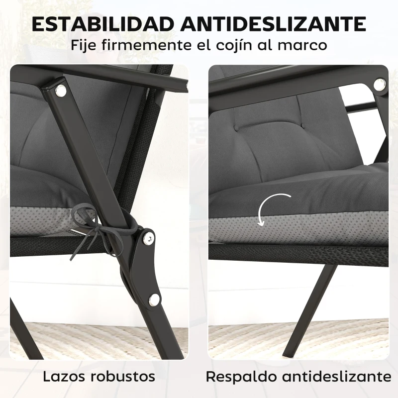 Outsunny Set de 4 Cojines para Sillas de Jardín Impermeables y Antideslizantes con Respaldo Correas 112x53 cm Gris Oscuro
