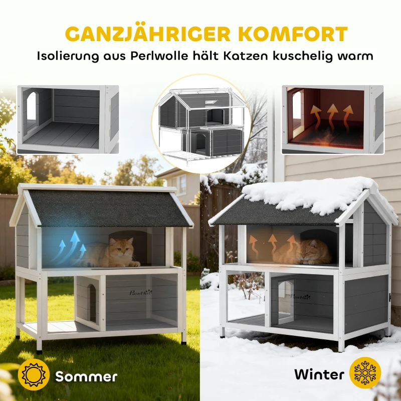 PawHut Outdoor-Katzenhaus, Katzenzuflucht für den Außenbereich, wasserfest, aufklappbares Dach, Fichtenholz, 80 x 93 x 95, Grau