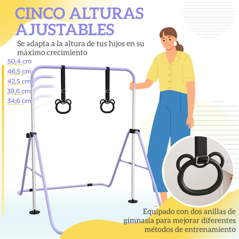 HOMCOM Barra de Gimnasia para Niños Altura Ajustable en 5 Niveles y Anillos Entrenamiento de Gimnasia Plegable en Casa Púrpura