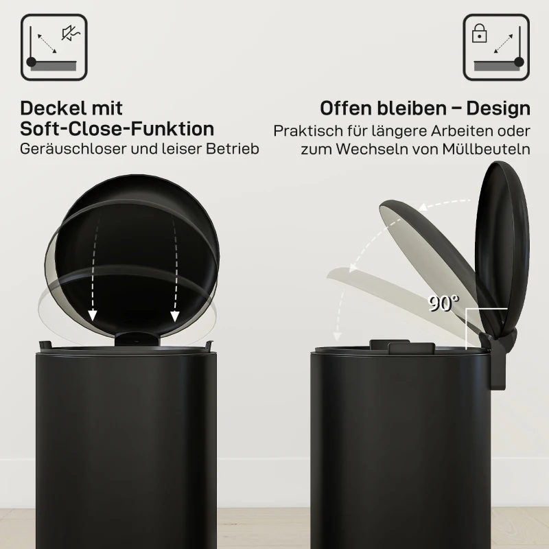HOMCOM 20-Liter Küchen-Mülleimer, Fingerabdruckresistenter Metall-Abfalleimer mit Soft-Close-Deckel, Fußpedal und herausnehmbarem Eimer, Schwarz