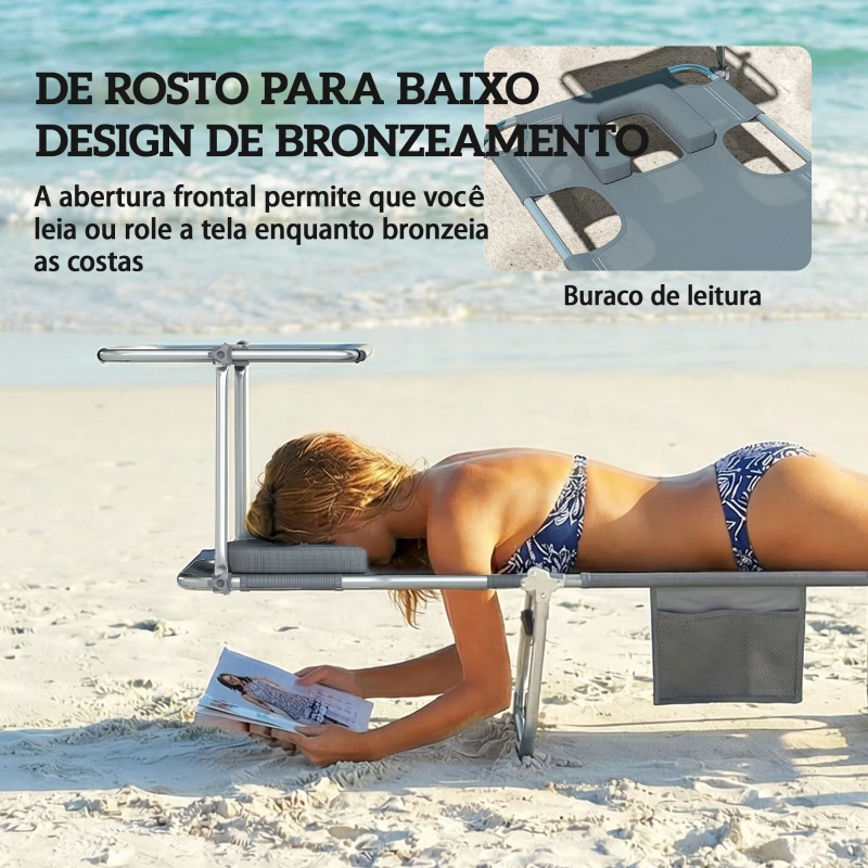 Outsunny Conjunto de 2 Espreguiçadeiras Dobráveis com Dossel 360° Encosto 5 Posições Orifício Facial 188x56x27 cm Cinza Escuro