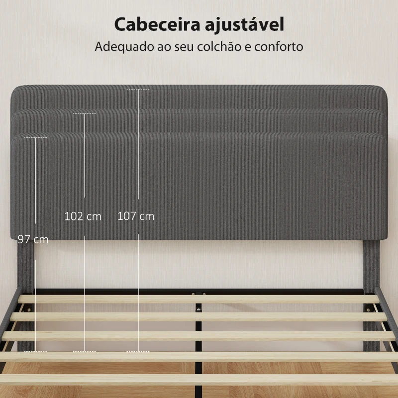 HOMCOM Cama 160x200 cm com Cabeceira Ajustável Estofada em Bombazina Ripas de Madeira Montagem Fácil Cinza Escuro