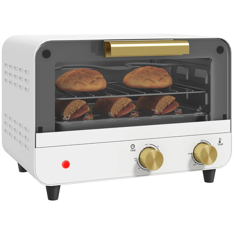 HOMCOM Small Toaster Oven, 12L Multifunction Mini Countertop Oven with Glass Door, Adjustable Temperature and Timer, White