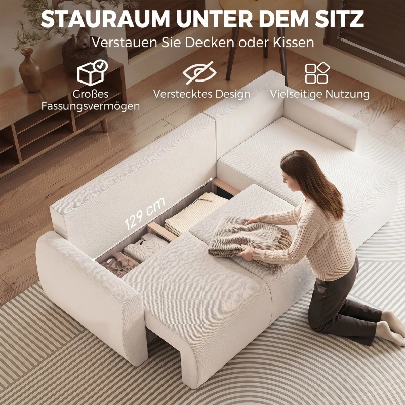 HOMCOM Schlafsofa mit Umkehrbarer Chaiselongue, L-förmiges 3-Sitzer Sofa aus Veloursbezug, Cremeweiß
