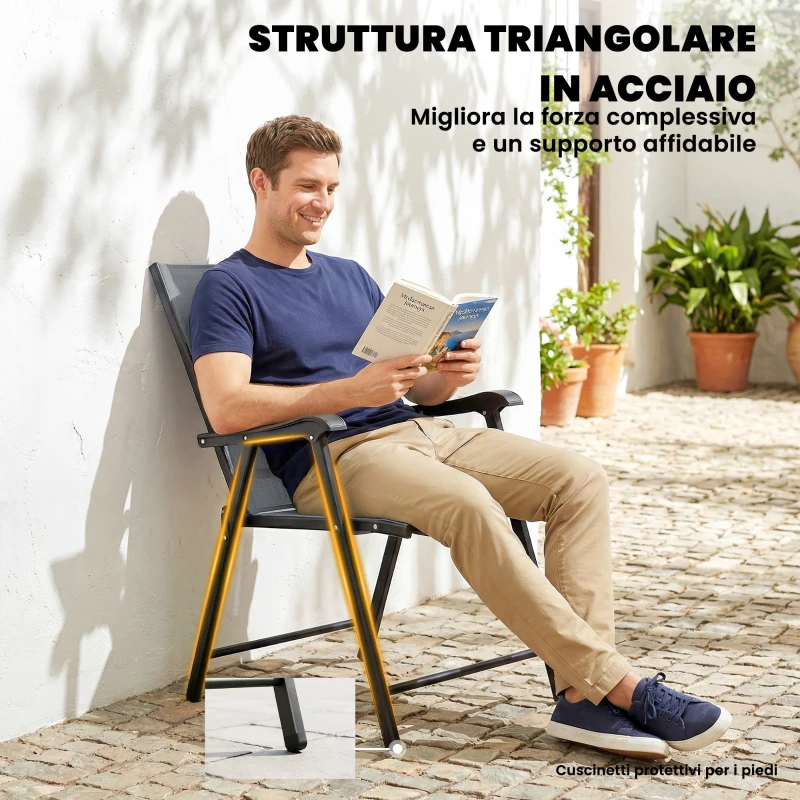 Outsunny Set di 2 Sedie Pieghevoli con Schienale Alto E Braccioli, Grigio Chiaro