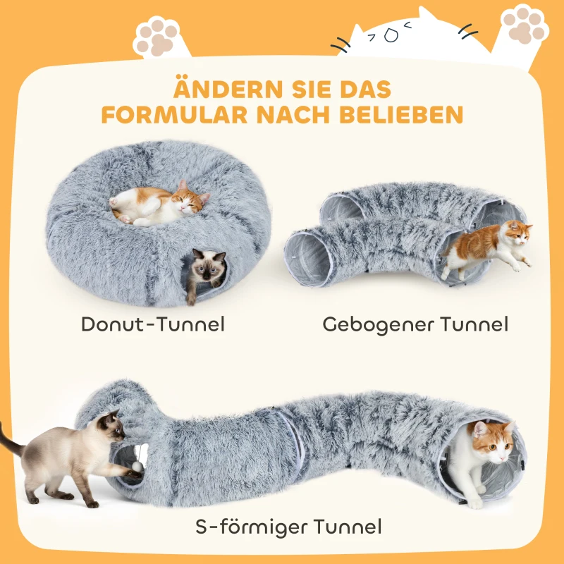 PawHut Katzentunnel, Plüschstoff, Kissen, faltbar, Metallrahmen, Katzenhöhle, Hellgrau