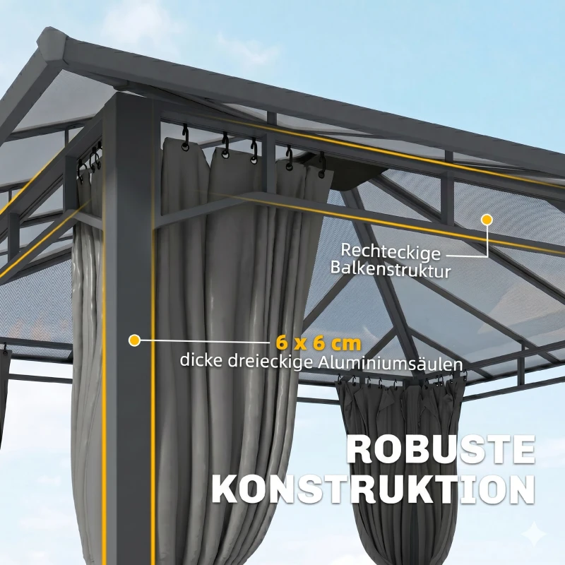 Outsunny Gartenpavillon ca. 3 x 3 m Metall Pavillon mit 6 mm Polycarbonat-Dach 4 Seitenteile, UV50+ Dunkelgrau