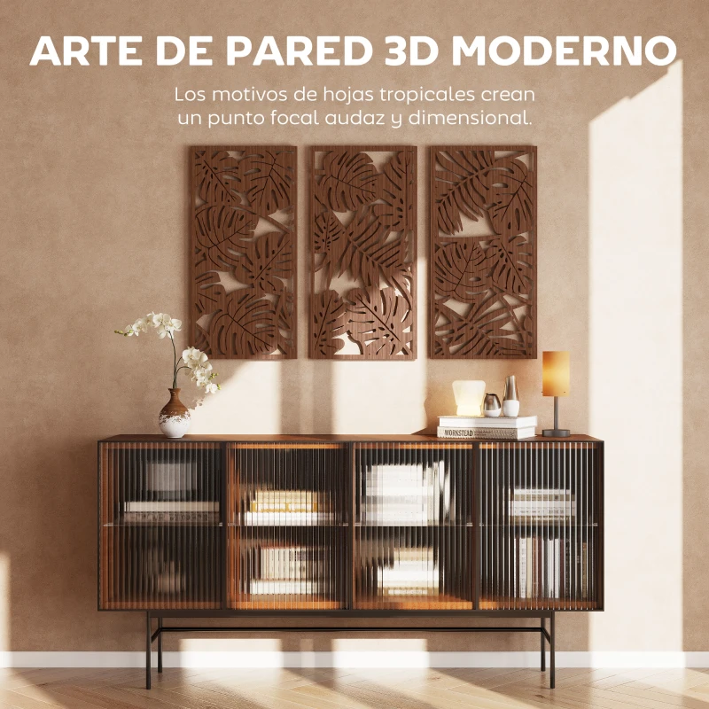 HOMCOM Decoración de Pared de Madera 3D 3 Piezas 40x80 cm Adornos de Pared con Patrón de Hojas Tropicales Nogal