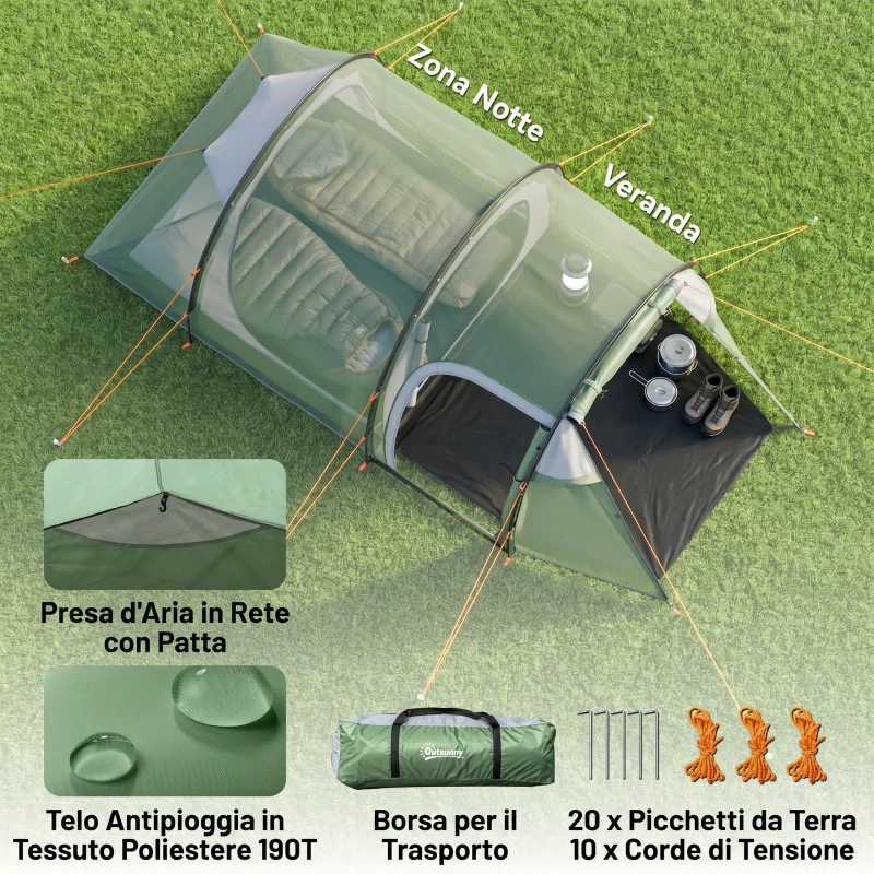 Outsunny Tenda da Campeggio 2-4 Posti con Telo Impermeabile e Porte con Cerniera, 426x206x15 cm, Verde Scuro