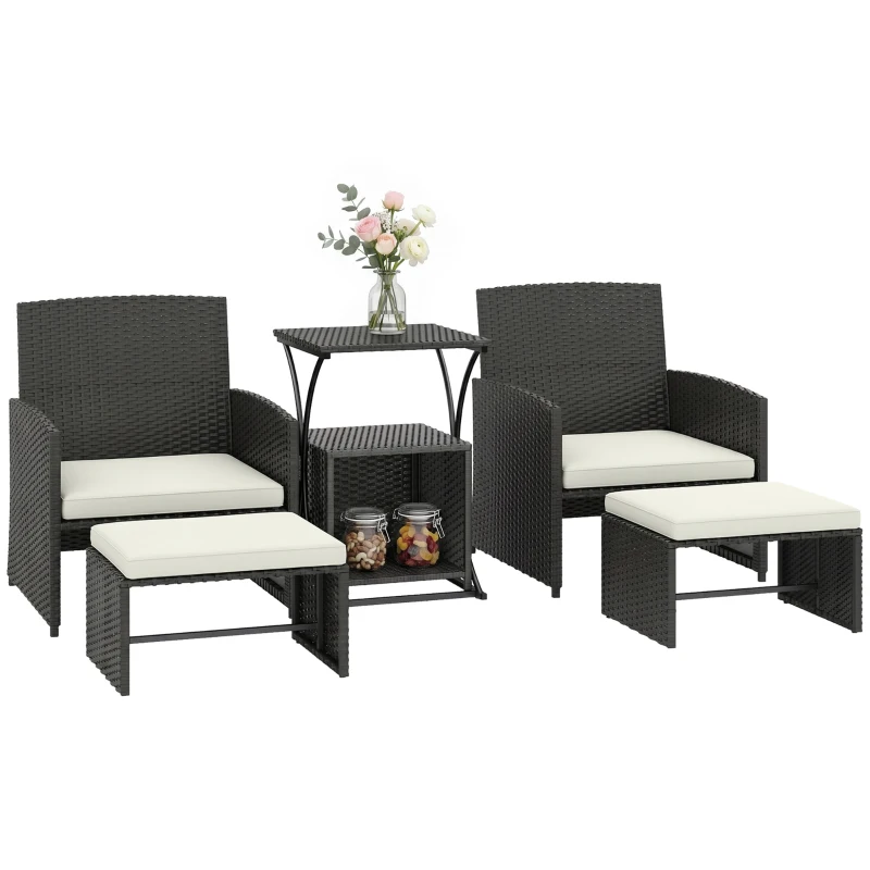 Outsunny 6 Piece Rattan Garden Furniture, Space-Saving Patio Furniture Set with Nesting Tables, Chairs, Stools, Cushions, Black