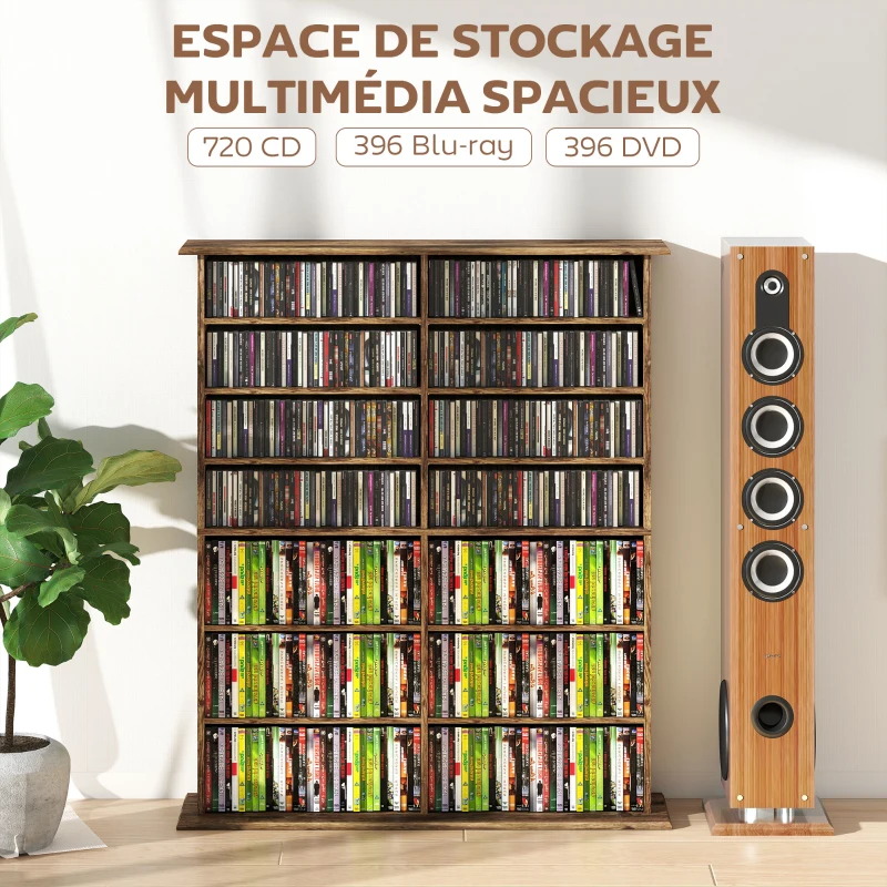 HOMCOM Rangements pour CD et DVD avec 16 compartiments et 12 étagères réglables capacité max. 720 CD/396 DVD et Blu-ray marron
